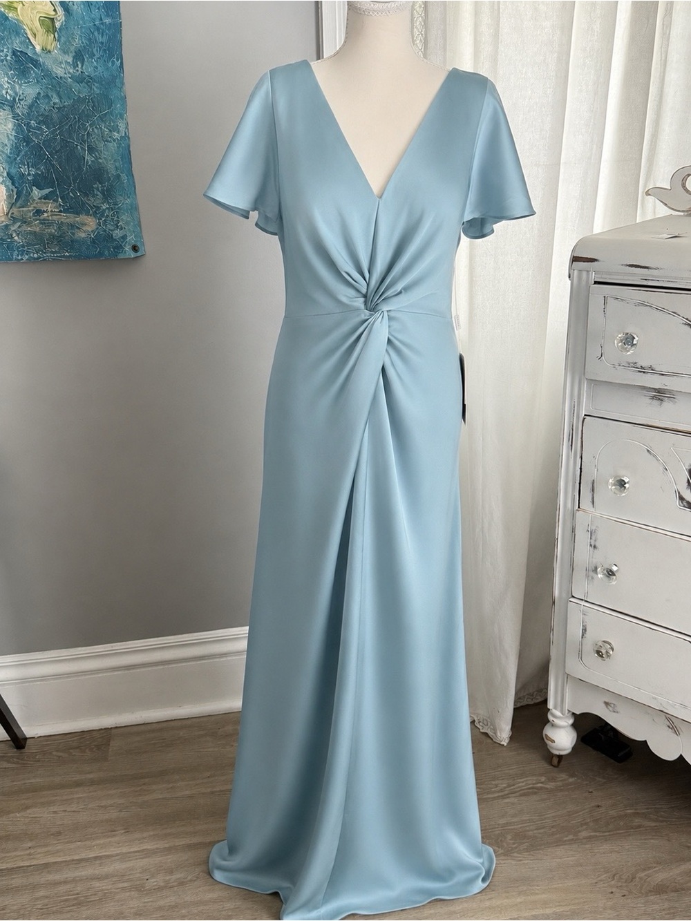 NWT Stacees Santorini Blue Satin Twist Front Formal Gown US 12 Wedding Guest